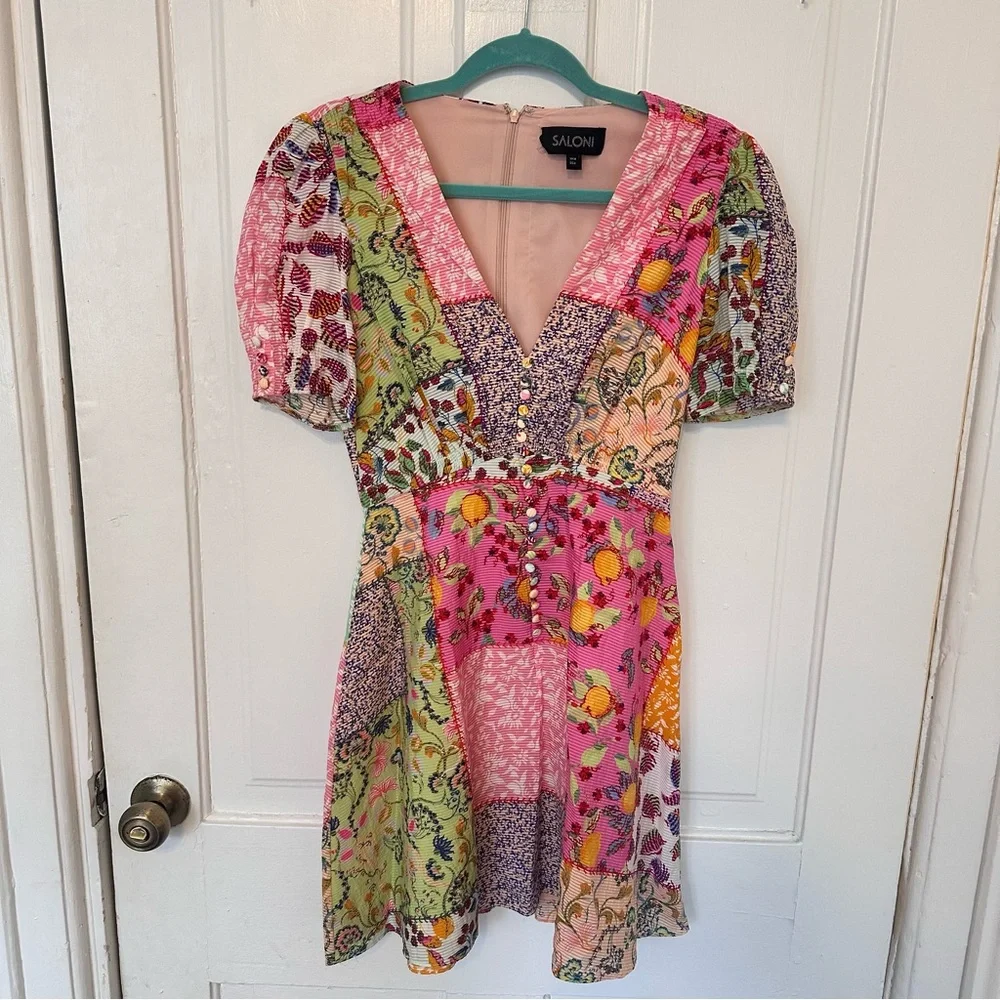 Saloni Lea Patchwork Mini Dress, US size 4 - Picture 5 of 11